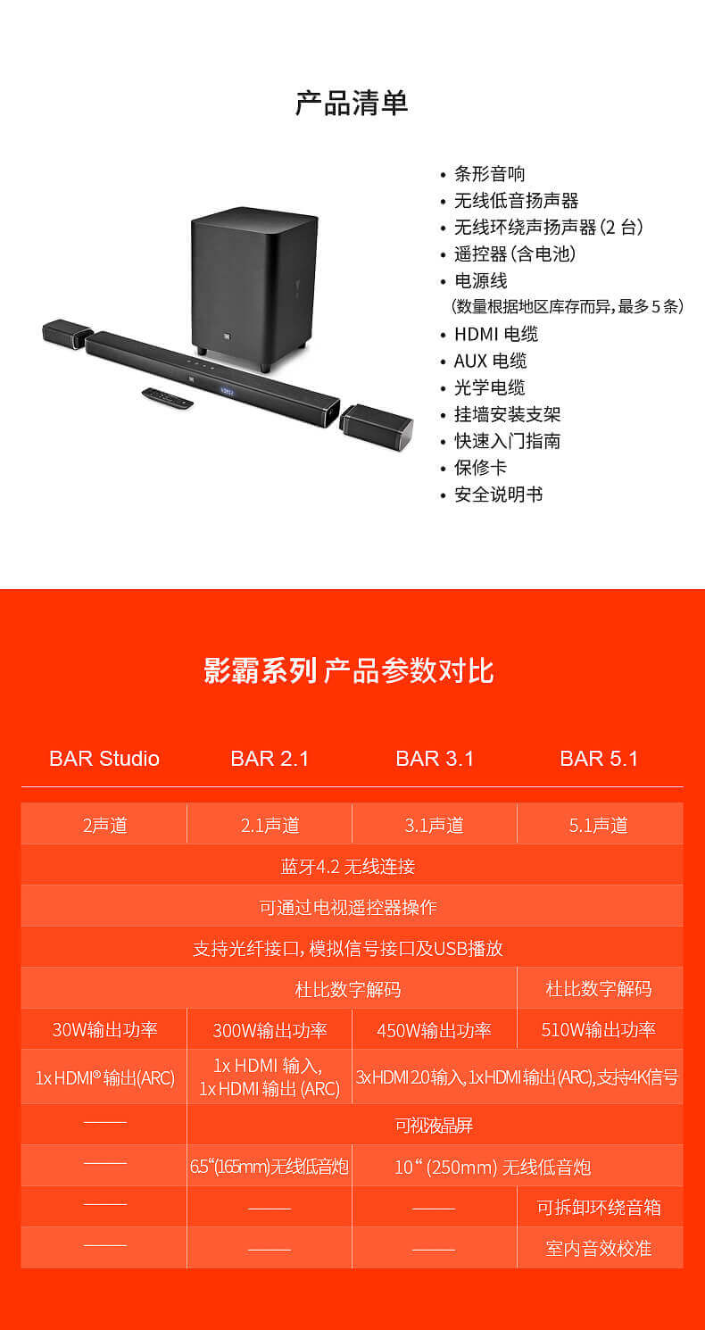 JBL BAR5.1家用电视音箱 家庭影院音响套装 蓝牙回音壁无线环绕